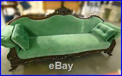 1850 Antique Classical Mahogany Green American Sofa Chaise Loveseat Bed 19th C