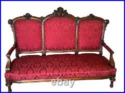 1870s renaissance revival victorian parlor sofa settee carved walnut & burl