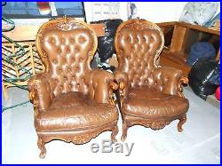 1890's Italian Rococo style Brown Tufted Leather Sofa and 2 Armchair Set