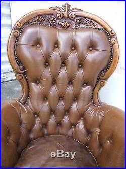 1890's Italian Rococo style Brown Tufted Leather Sofa and 2 Armchair Set