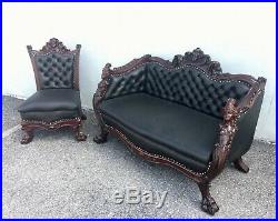 1890s 2-piece Karpen Parlor Set. Tufted Black Leather! Carved/horner/victorian