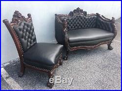 1890s Karpen Parlor Set. Carved Mahogany Sofa/settee. Genuine Leather. Horner
