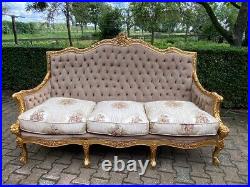 1900's French Louis XVI Style Sofa Set in tufted tan velvet and Damask Cushions
