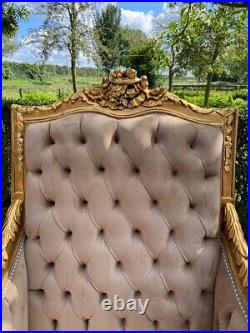 1900's French Louis XVI Style Sofa Set in tufted tan velvet and Damask Cushions