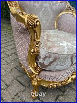 1900s French Louis XVI 3 pcs Sofa Set Gold Leaf Beech & Pale Pink Damask