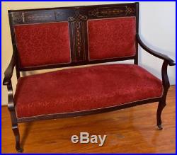 1910s Antique English Edwardian Mahogany Inlaid Mother of pearl Settee Loveseat