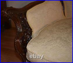 1910s Antique French Carved Mahogany Loveseat spring-seat New Upholstery