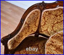 1920 Antique French Louis XV Carved Walnut Loveseat / Settee with spring-seat
