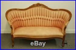 1920's Victorian Antique Vintage Sofa / Settee with Tufted Salmon Upholstery