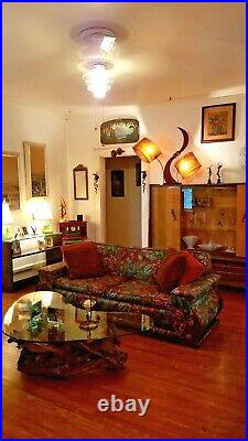1930-40s Art Deco MCM Retro Couch & Armchair Wood Trim Exotic Floral Upholstery