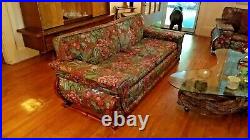 1930-40s Art Deco MCM Retro Couch & Armchair Wood Trim Exotic Floral Upholstery