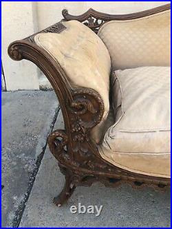1930's Mahogany Chinese Chippendale Swan and Serpent Carved Ornate Sofa Asian
