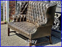 1930s Tufted Leather Wing Back Settee Chesterfield Loveseat