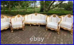 1950s French Louis XVI Baroque 5 pcSofa and Chair Set Lounge in Gold and White