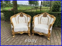 1950s French Louis XVI Baroque 5 pcSofa and Chair Set Lounge in Gold and White