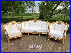 1950s French Louis XVI Baroque 5 pcSofa and Chair Set Lounge in Gold and White