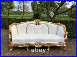 1950s French Louis XVI Baroque 5 pcSofa and Chair Set Lounge in Gold and White