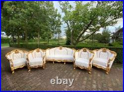 1950s French Louis XVI Baroque 5 pcSofa and Chair Set Lounge in Gold and White