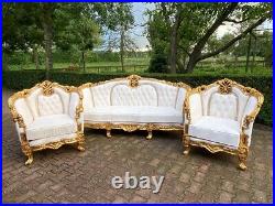 1950s French Louis XVI Baroque 5 pcSofa and Chair Set Lounge in Gold and White