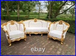 1950s French Louis XVI Baroque 5 pcSofa and Chair Set Lounge in Gold and White