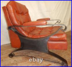 1960's Mid Century Modern Chair & Ottoman Scoop Chair Iron Arms & Legs stool