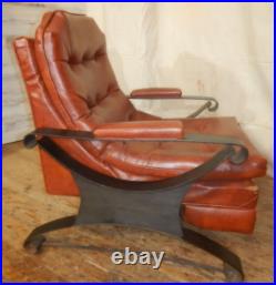 1960's Mid Century Modern Recliner Scoop Chair Iron Arms & Legs Coral & Black
