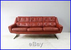 1960s mid century Danish tan leather 3 seat sofa