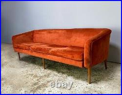 1960s mid century vintage orange velvet re-upholstered sofa