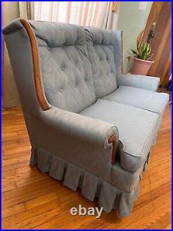 1970's Vintage Baby Blue Rocker Sofa with Walnut Accents