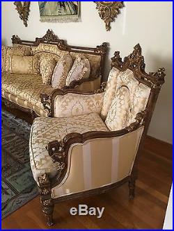 19th C. Three Pieces Unique Wood And Gilt Louis XVI Sofa and Chairs
