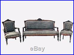 19th Century Antique Victorian 3 Pc Parlor Set Couch / Sofa & Pair Of Chairs