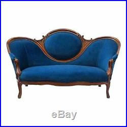 19th Century Antique Victorian Sofa Blue Upholstery Loveseat Settee Chaise Couch
