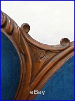 19th Century Antique Victorian Sofa Blue Upholstery Loveseat Settee Chaise Couch