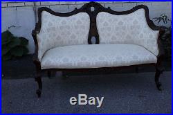 19th Century Carved Sofa, Love Seat on Casters, New Off-White Upholstery