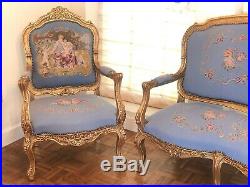 19th Century French Aubusson Carved Giltwood Salon Suite with Settee and Chairs