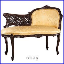 19th Century French Boudoir Golden Jacquard Hand Carved Mahogany Chaise Replica