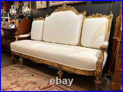 19th Century French Large Carved Giltwood Sofa With New Linen Upholstery