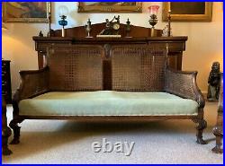 19thc Antique Mahogany Upholstered 3 Piece Bergere Sofa Suite Armchairs Settee
