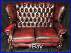 1 Handmade Luxury Leather Chesterfield Style Oxblood Red High Back 2 Seater Sofa