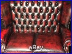 1 Handmade Luxury Leather Chesterfield Style Oxblood Red High Back 2 Seater Sofa