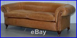 1 Of 2 Victorian Brown Leather Sofas Stamped Back Leg Coil Sprung Feather Filled