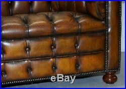 1 Of 2 Vintage Hand Dyed Restored Whisky Brown Pleated Leather Chesterfield Sofa
