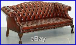 2 And 3 Seat Pair Of Claw & Ball Feet Restored Brown Leather Chesterfield Sofas