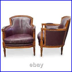 (2 Pc) Vintage Dark Burgundy Leather Armchairs