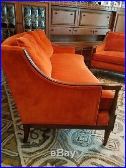 2 Vintage Mid Century Henredon Sofa Settee Loveseats Down Filled Orange Velvet