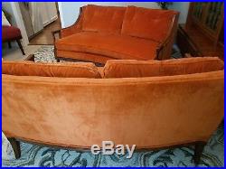 2 Vintage Mid Century Henredon Sofa Settee Loveseats Down Filled Orange Velvet