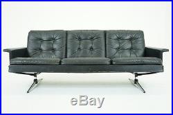 (307-064) Danish Mid Century Modern Black Leather Sofa Couch