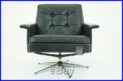 (307-096) Danish Mid Century Modern Black Leather Swivel Lounge Armchair Chair