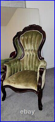 3 PIECE VICTORIAN flower mahogany and velvet sofa with his & hers parlor chairs