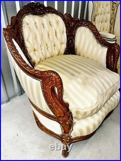 3 Piece Antique FRENCH Louis XV Pierce Carved SWAN SOFA Settee Couch & 2 CHAIRS